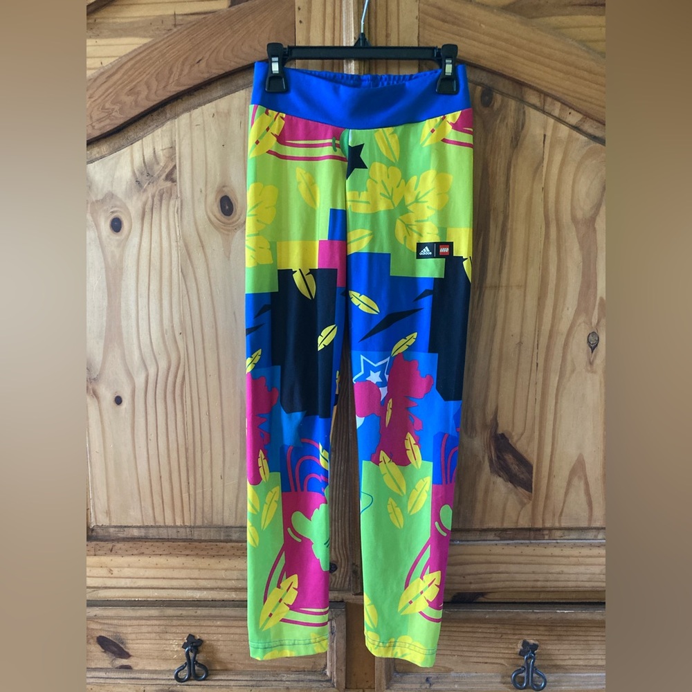 Girls Adidas Lego green blue athletic compression leggings pants size 11/12